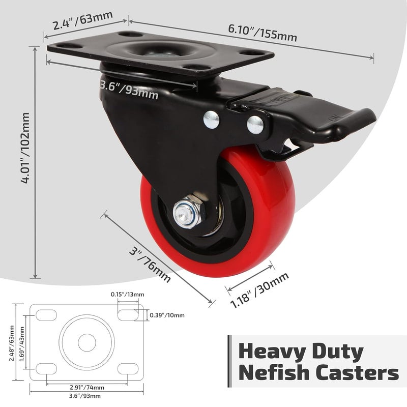 Nefish Casters Wheels Set of 4, 3 Inch Heavy Duty Caster with Brake 1200 Lbs, Safety Dual Locking Plate Castors, Top Swivel Wheels, No Noise Polyurethane for Furniture, Dollies, Trolleys (LJ-PC-3IN) - Image 2